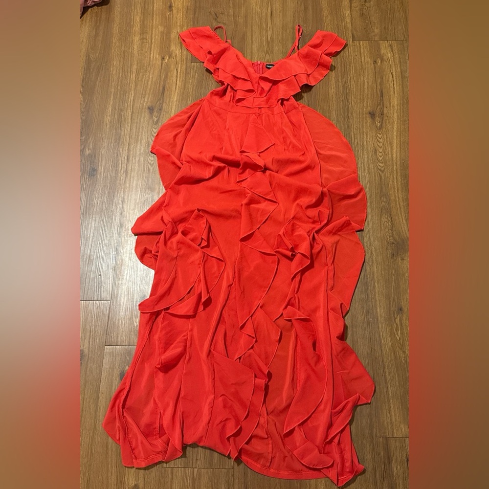 PrettyLittleThing Red High Low Ruffle Dress - Picture 2 of 5